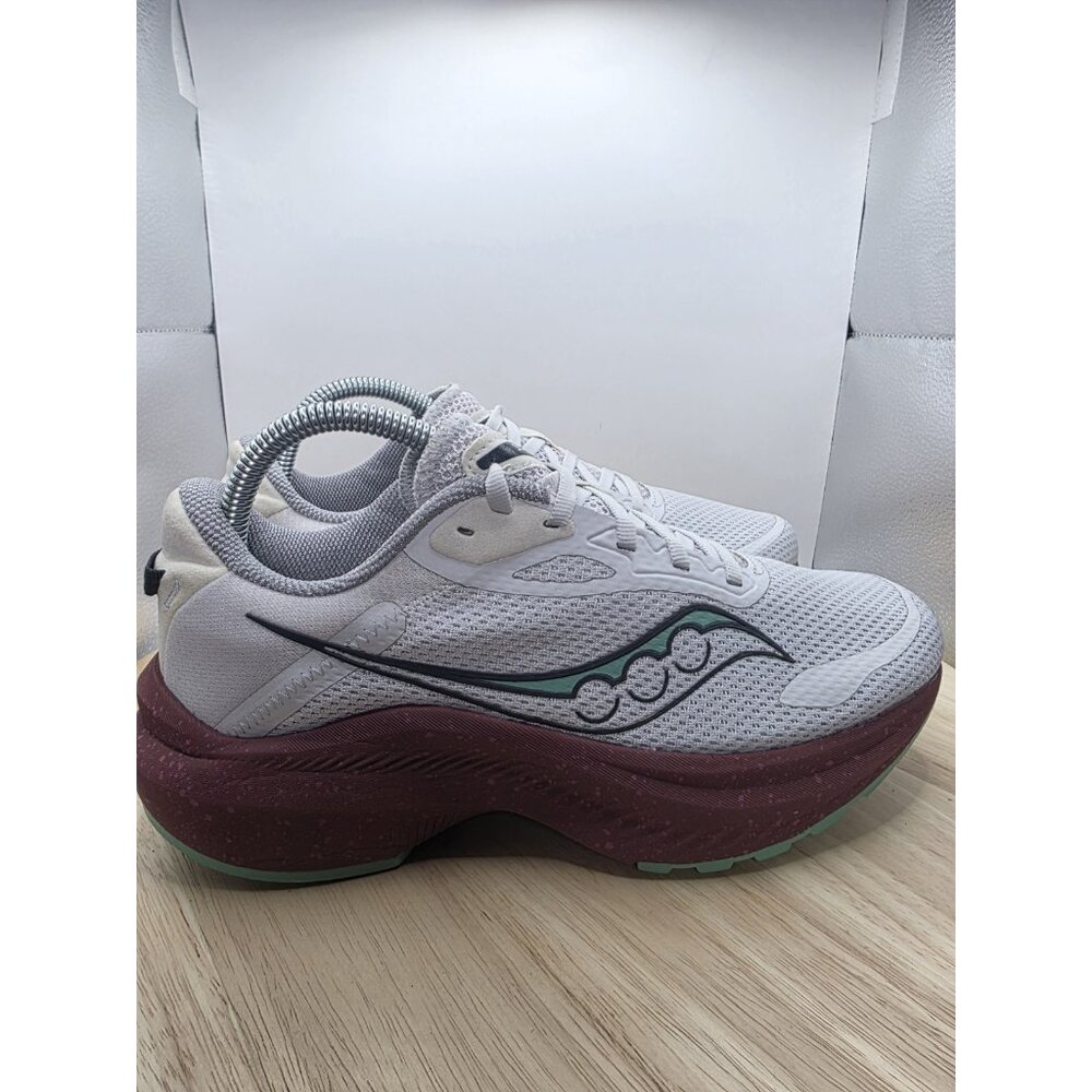 Saucony White Mesh Athletic Shoes with Maroon Midsole and Teal Accents